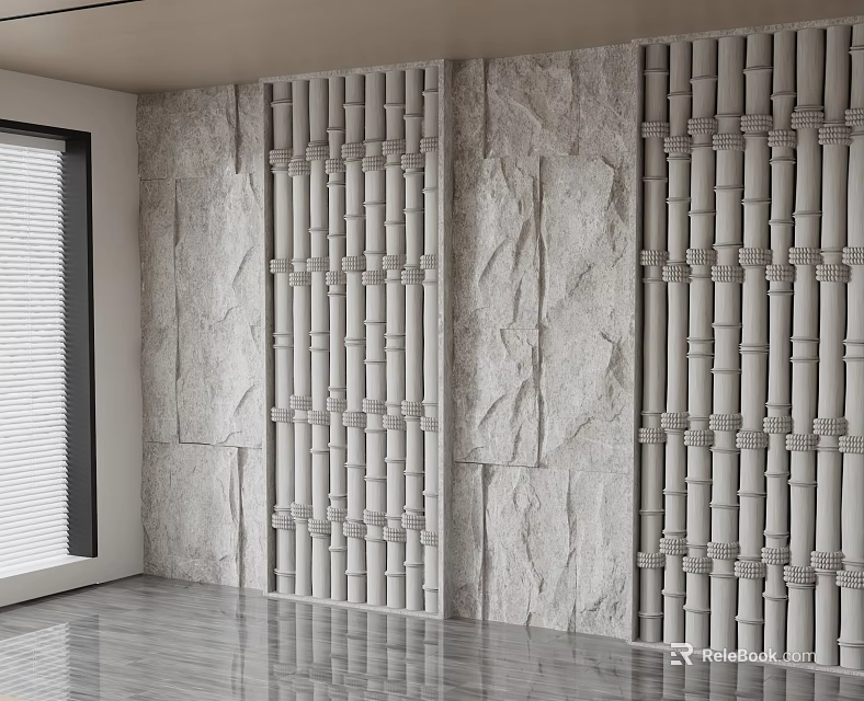 Modern Interior Background Wall With Stone Texture And Vertical Lattice Design 3d model