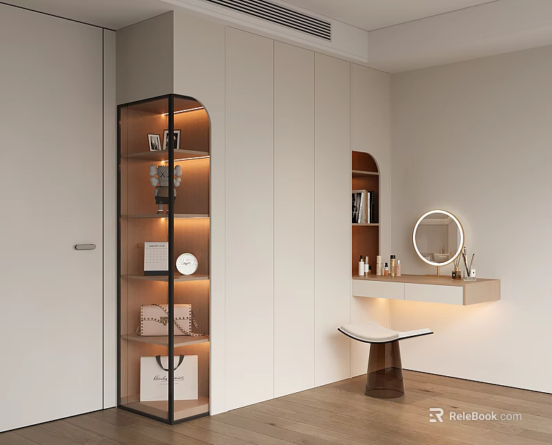 Modern Wardrobe Interior With Glass Shelves Vanity Table And Round Mirror 3d model 