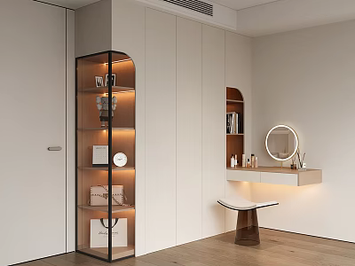 Modern Wardrobe Interior With Glass Shelves Vanity Table And Round Mirror 3d model