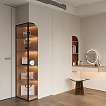 Modern Wardrobe Interior With Glass Shelves Vanity Table And Round Mirror