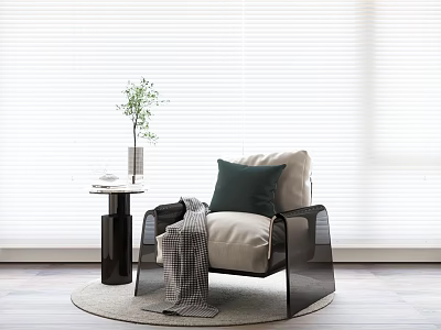 Modern Leisure Chair With Green Cushion Throw Blanket Side Table And Window Blinds Setting 3d model