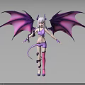 Female Demon Character In Purple Outfit With Purple Bat Wings White Hair Horns And Tail