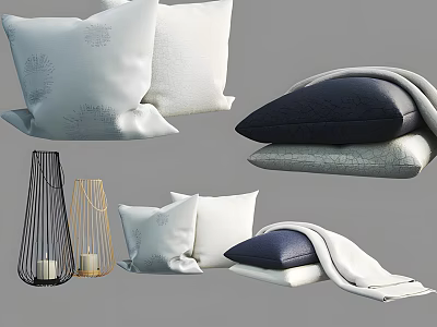 White And Dark Blue Decorative Pillows With Blanket Vase And Candle 3d model
