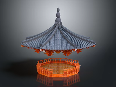 Traditional Pavilion Structure With Layered Gray Tile Roof And Ornate Orange Railing Base 3d model