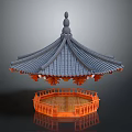 Traditional Pavilion Structure With Layered Gray Tile Roof And Ornate Orange Railing Base