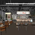Modern Café Interior With Wooden Tables Brown Chairs Bar Counter And Pendant Lights