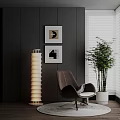 Brown Leisure Chair In Modern Interior With Dark Wall Paintings Green Plant And White Blinds 3d model
