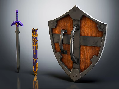 Medieval Sword With Purple Hilt Decorative Sheath And Wooden Shield With Metal Accents 3d model