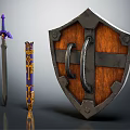 Medieval Sword With Purple Hilt Decorative Sheath And Wooden Shield With Metal Accents