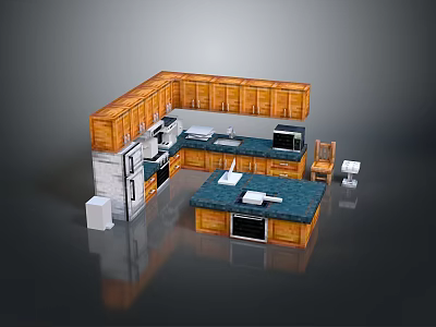Modern L Shaped Wooden Cabinets Kitchen Interior With Blue Island Counter And Appliances 3d model