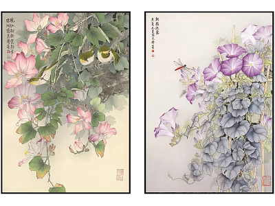 Botanical Paintings with Pink Purple Flowers Green Leaves and Dragonfly Details 3d model