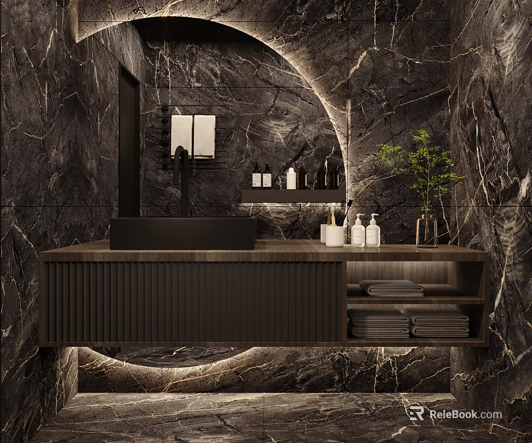 Elegant Bathroom Vanity With Marble Wall Round Mirror Lighting Open Shelf Towels And Green Plant 3d model 