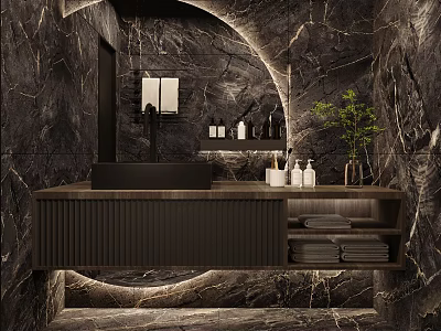 Elegant Bathroom Vanity With Marble Wall Round Mirror Lighting Open Shelf Towels And Green Plant 3d model