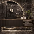 Elegant Bathroom Vanity With Marble Wall Round Mirror Lighting Open Shelf Towels And Green Plant