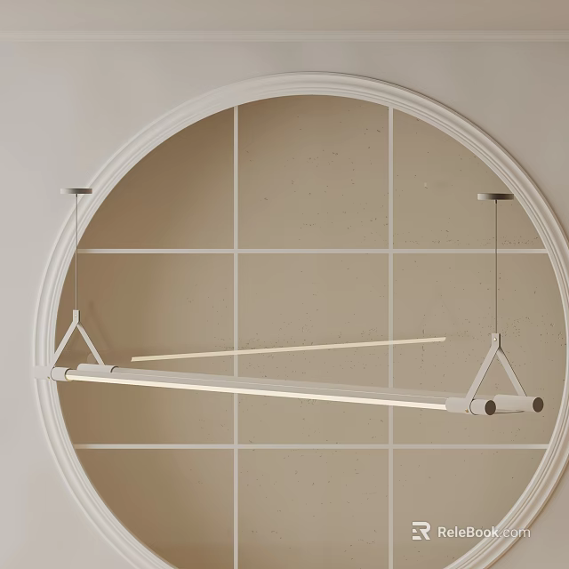 Linear White Pendant Light with Triangular Brackets in Circular Framed Tile Wall Interior 3d model