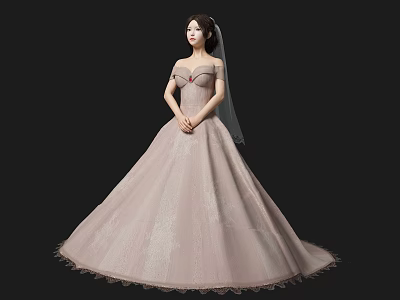 Elegant Bride In Pink Lace Wedding Dress With Veil Standing On Dark Background 3d model