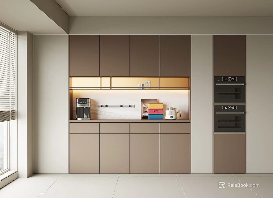 Wine Cabinet In Modern Kitchen With Brown Cabinets And Warm Lighting Design 3d model 