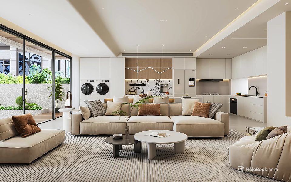 Modern Living And Dining Area Interior With Beige Sofa Coffee Tables And Open Kitchen 3d model 