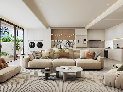 Modern Living And Dining Area Interior With Beige Sofa Coffee Tables And Open Kitchen 3d model