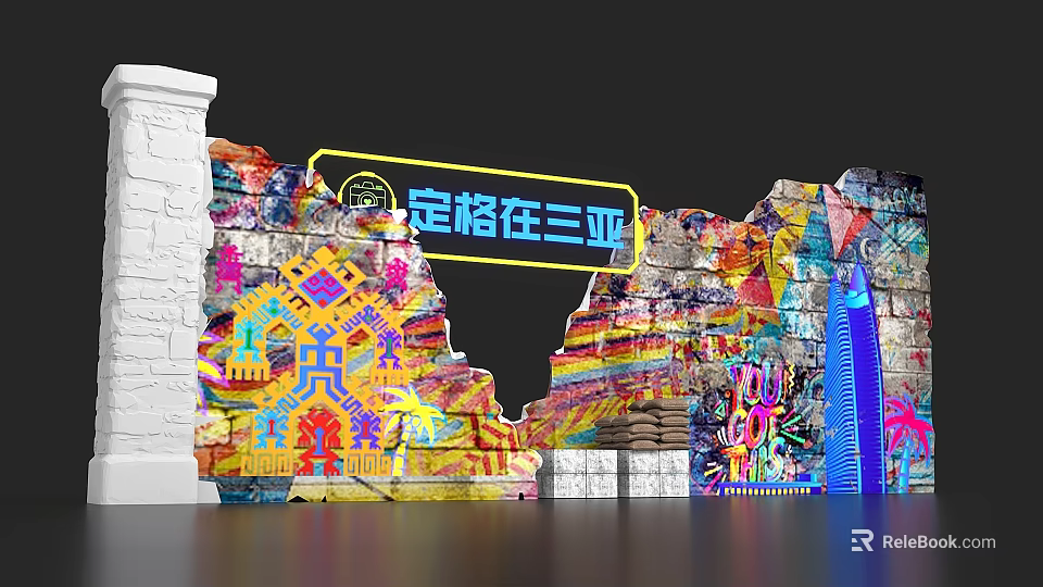 Creative Vibrant Graffiti Wall Art in Sanya with Colorful Patterns and Brick Design 3d model 