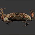 Brown crab with red claws and shiny body on dark background