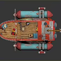 Toy Pirate Ship Model With Red Blue Hull Yellow Crane And Wooden Deck