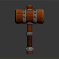 3D Model of Orange Hammer with Silver Metal Rings and Wooden Handle