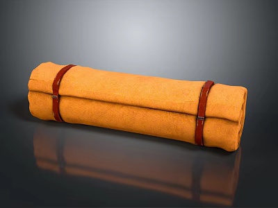 Orange Rolled Up Towel Secured With Brown Leather Straps On Black Surface 3d model