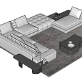 Modern Light Gray Sofa and Black Coffee Table Set with Area Rug 3d model