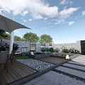Modern Garden Landscape With Pergola Wooden Structure Stone Pathway Green Trees And Lighting