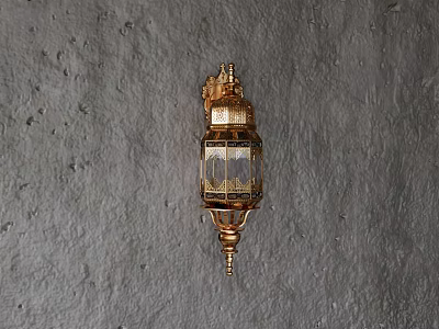 Golden Wall Lamp With Intricate Patterns Transparent Shade And Crown Design On Gray Rough Wall 3d model