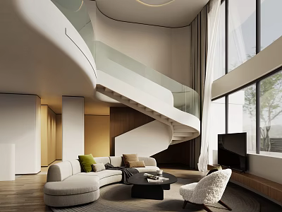 Modern Duplex Living Room With Spiral Staircase Large Windows And Cozy Seating 3d model