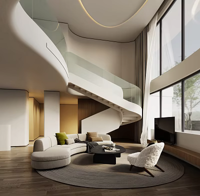 Modern Duplex Living Room With Spiral Staircase Large Windows And Cozy Seating 3d model