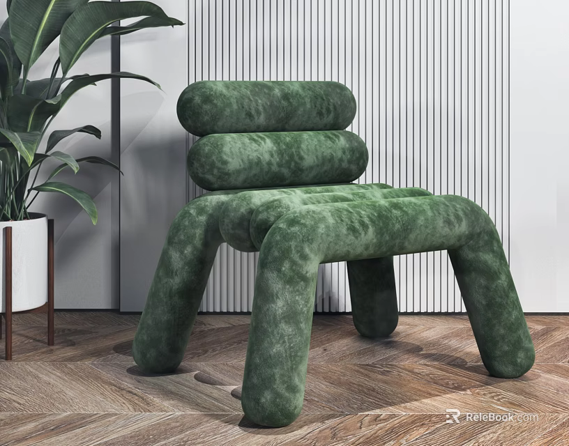 Green Velvet Accent Chair with Round Backrest and Armrest Design Indoor Plant Wooden Floor 3d model 