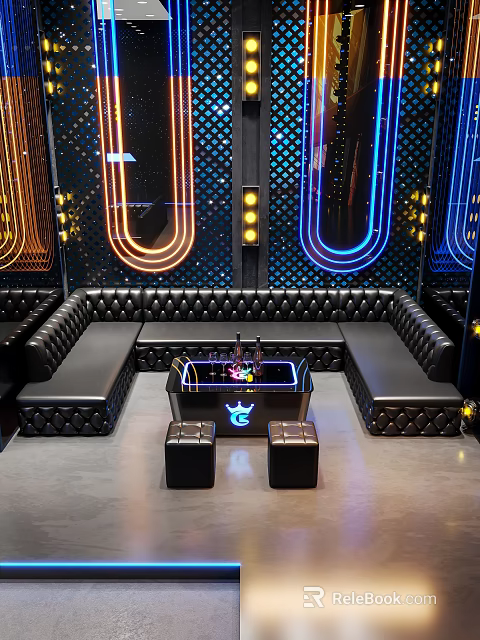 Modern KTV Interior With Neon Lights Black Leather Sofas And Decorative Table 3d model 