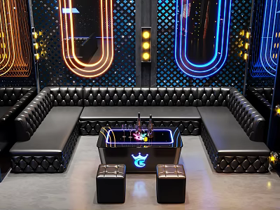 Modern KTV Interior With Neon Lights Black Leather Sofas And Decorative Table 3d model