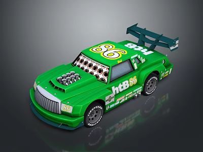 Green Race Car With Number 86 HBS Logo Rear Spoiler And Engine Hood Details 3d model