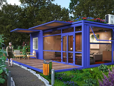Blue Container House With Wooden Deck Glass Doors And Surrounding Greenery Flowers 3d model
