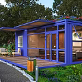 Blue Container House With Wooden Deck Glass Doors And Surrounding Greenery Flowers