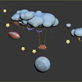 Floating Clouds With Hot Air Balloons Stars And Moon In Night Sky