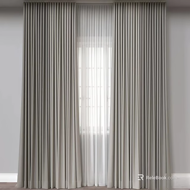 Gray Curtains And White Sheer Curtain In Modern Minimalist Window Interior 3d model 