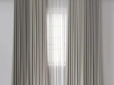 Gray Curtains And White Sheer Curtain In Modern Minimalist Window Interior 3d model