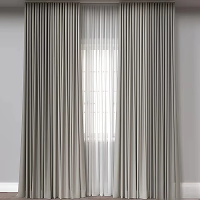 Gray Curtains And White Sheer Curtain In Modern Minimalist Window Interior 3d model