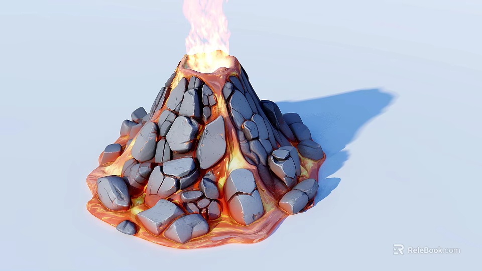 Rockery Stones Forming Volcano Shape With Flowing Lava And Burning Flames On Light Blue Background 3d model 