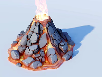 Rockery Stones Forming Volcano Shape With Flowing Lava And Burning Flames On Light Blue Background 3d model