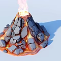 Rockery Stones Forming Volcano Shape With Flowing Lava And Burning Flames On Light Blue Background