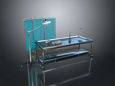 Medical Examination Equipment Setup With Metal Table Blue Privacy Screen And Lamp 3d model