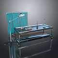 Medical Examination Equipment Setup With Metal Table Blue Privacy Screen And Lamp