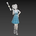 Woman with Pigtails in Blue Plaid Dress Holding Magic Wand and Black Boots