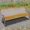 Wooden Bench With Metal Armrests On Stone Paved Path With Fallen Leaves
